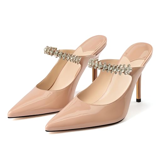 MIRAAZZURRA Women Heeled Mules Rhinestone Strappy Pointed Toe Mules Stiletto High Heels Slip On Bridal Sandals for Women