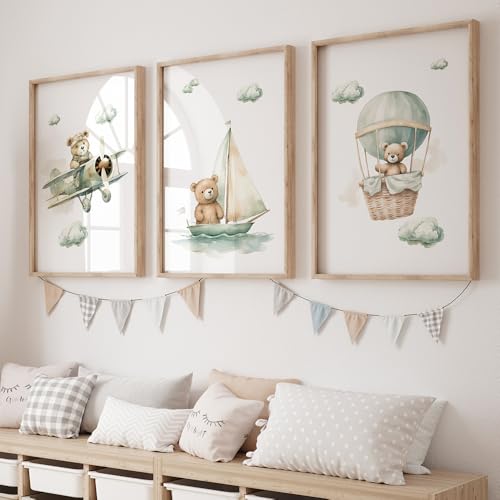 3 Bilder Kinderzimmer Bär 30X40CM Bilderwand Kinder Grün Poster Teddybär...