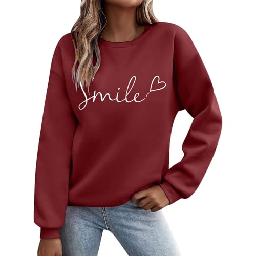 UXSELKCD Damen Pullover Pullover Damen Langarm Sweatshirt Basic Rundhals Langarmshirt Lose Casual Oberteil Winter Baumwolle Pulli