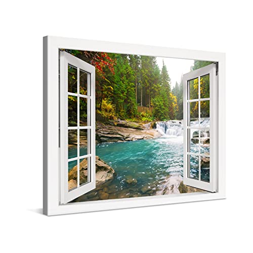 PICANOVA – Bosque Río Cascada Ventana 80x60cm – Cuadro sobre Lienzo – Imagen Impresión Montado sobre Marco De Madera – Cuadro Decoración Moderno para Salón o Dormitorio – Colección Bosque