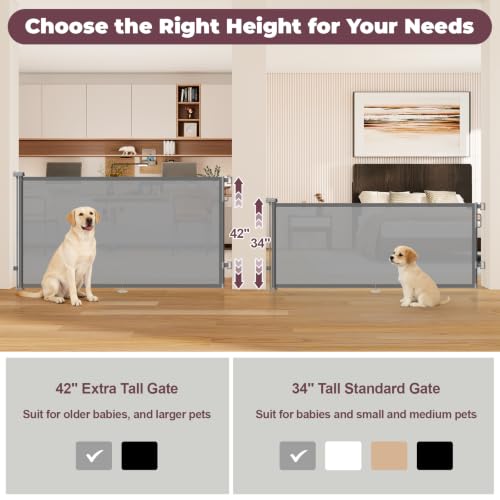 Image of 42 inch Extra Tall Retractable Baby Gates, 76 inch Wide Dog Gate for Stairs | Mesh Gate Indoor Outdoor for Doorways Deck Kitchen, Long Safety Gate for Child Toddler, Prevent Pet from Jumping Over, Grey
