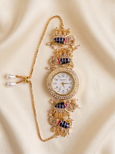 Image of Kashmiri Watch for Women | Gold Tone Round Dial | Crystal Studded Floral Design | Adjustable Chain Traditional Ethnic Jewellery Gift