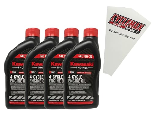 Cyclemax Four Pack compatible with Kawasaki SAE 10W-30 4-Cycle K-Tech Lawnmower Engine Oil 99969-6081 Contains Four Quarts and a Funnel