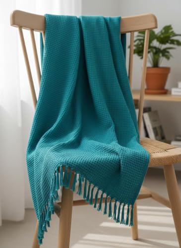 Image of 100% Cotton Waffle Weave Sofa Throw Blanket 50x60 Inches or 125x150 cms Lightweight, Soft & Breathable Couch, Bed or Chair Throw Blanket for Living or Bedroom, Turquoise Blue