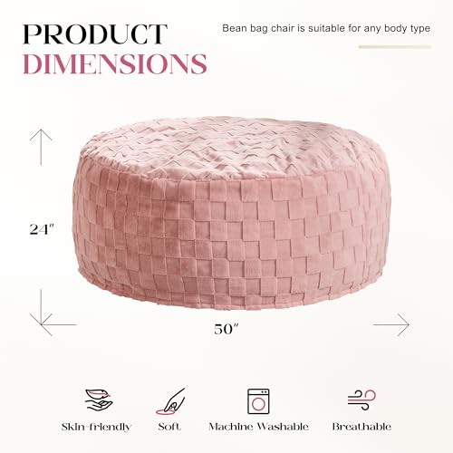 Image of Hobestluk Adults Bean Bag Chair 5FT Big BeanBag Chair Giant Large Oversized | Memory Foam,Washable Cover,Unique Fluffy Plaid,Comfy Adult BeanBag with Filler Lounging Gaming Bedroom Living Room | Pink 5FT