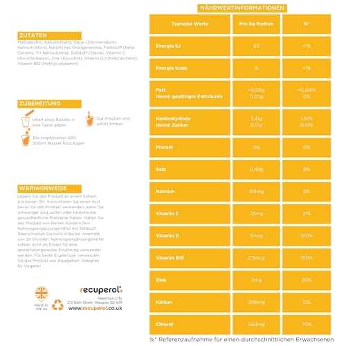 Recuperol Electrolytes Sachets | Electrolytes Powder for Rehydration | 20 Sachets | Sugar-Free Hydration Powder | Zinc, Vitamin C, B12, D3, Potassium | Natural Orange Flavour - 6