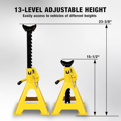 Image of YELLOW JACKET Jack Stands 6 Ton with Double Locking and Large Foot Base for Lifting SUVS, Heavy Duty Steel, 13000 lb Capacity, 1 Pair, Yellow