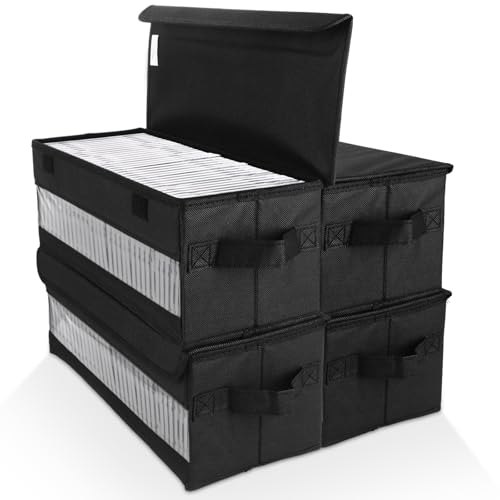 YOUNTHYE Lot de 4 boîtes de rangement pliables en tissu avec couvercles et fenêtre - 36,6 x 16 x 14,5 cm - Peut contenir 32 CD/DVD chacun - Noir