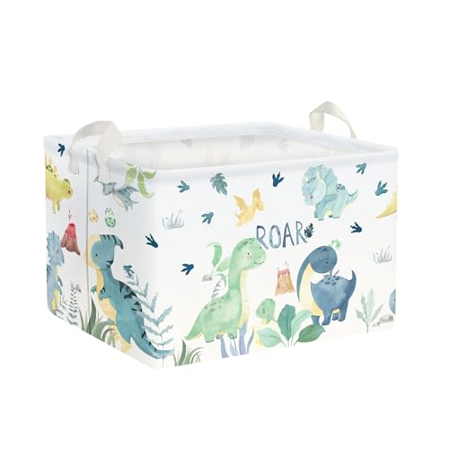 Image of Clastyle Adorable Watercolors Green Dinosaur Shelf Basket Volcano Palm Leaf Collapsible Storage Bin Rectangle Clothes Books Toy Storage Cube, 21L