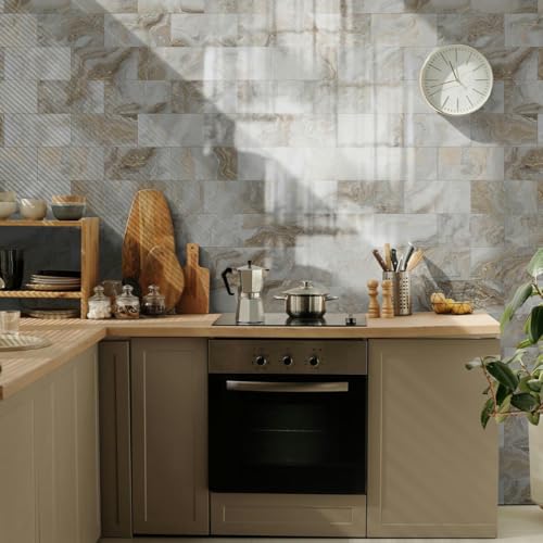 Tile Stickers 10X20 Cm Marble Tile Stickers for Kitchen and Bathroom,Stick On Wall Tiles, Wall Tiles Vinyl Home Decoration,Peel & Stick Self-Adhesive Splashback-64PCS