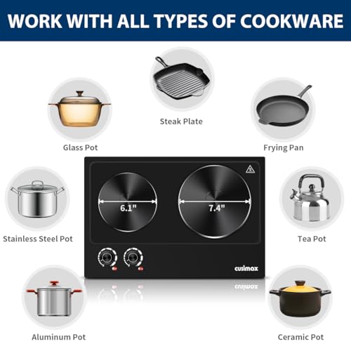 Image of CUSIMAX Hot Plate, 1800W Electric Burner Double Hot Plate for Cooking Countertop Burner with Adjustable Temperature Control, Portable Electric Cast Iron Hot Plates Cooktop, Easy to Clean, Black