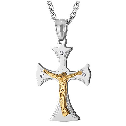 iMETACLII Dos Capas Pequeño Jesucristo Crucifijo Cruz con Zirconio Cúbico, Collar con Colgante de Hombre Mujer, Acero, Plata Oro