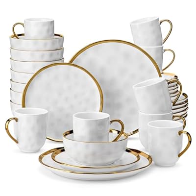 LOVECASA White and Gold Dishes Sets, Stoneware Dinnerware Sets for 8, 32 Piece Plates and Bowls Sets, Handmade Dinner Set with Gold Trim, Dishwasher Safe