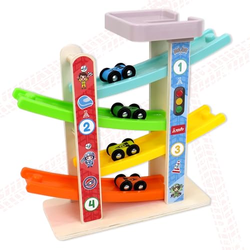Image of Wudly Car Ramp Race Track, 4 Level Wooden Slide with 4 Cars, Pretend Toy | Educational Montessori for Toddlers 2 Years+