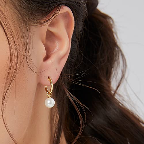14K Gold/White Gold Plated Minimalist Pearl Hoop Earrings,Huggies Dangle Earrings Jewelry3