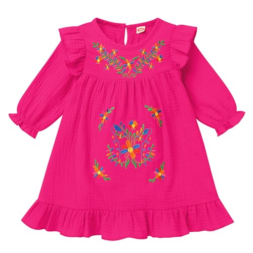 AWIBMK Baby Girls Mexican Dress Kids Floral Embroidered Long Sleeve Cinco De Mayo Fiesta Traditional Ethnic Wear Outfit
