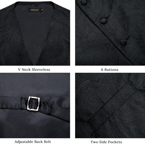 Image of DiBanGu Mens Vest and Tie Set Formal Paisley Waistcoat and Necktie Pocket Square Cufflinks Silk Suit Vest for Tuxedo Wedding
