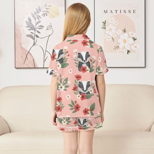 Satin Pajama Sets Short Sleeve Cute Badgers Among Flowers Pattern Button Down Silky Nightwear 2 Piece PJS 5-14Y4