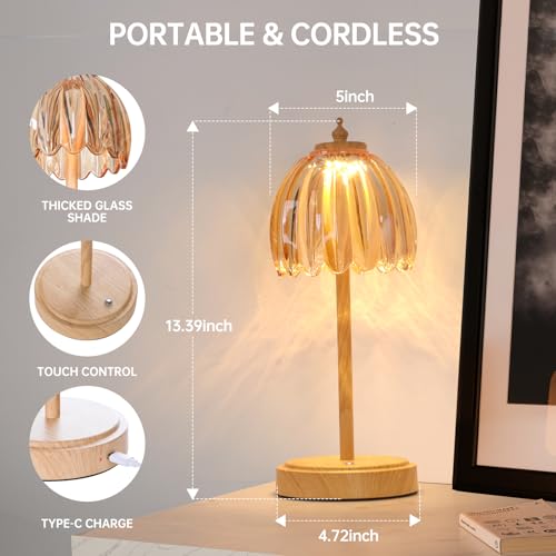 Image of Shenmoyl Tulip Table Lamp with 5200mAh Battery & Touch Control, Small Cordless Table Lamp with 3 Colors, Rechargeable Battery Operated Table Lamps for Bedroom, Desk, Bedside (Amber-Beech Color)