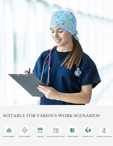 Image of Scrub Caps for Women with Buttons, Classic Surgical Caps | Double-Sided Printed, Adjustable,Long Hours, Sweatbands, Fabric Help Reduce Static Buildup