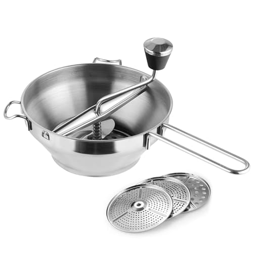 Generisch Manuelle Lebensmittelmühle, Edelstahl-Lebensmittelmühle mit 3 Mahlscheiben, Kartoffelstampfer, Pressmühle für Tomatensauce, Apfelmus, Püree, Kartoffelpüree, Marmelade