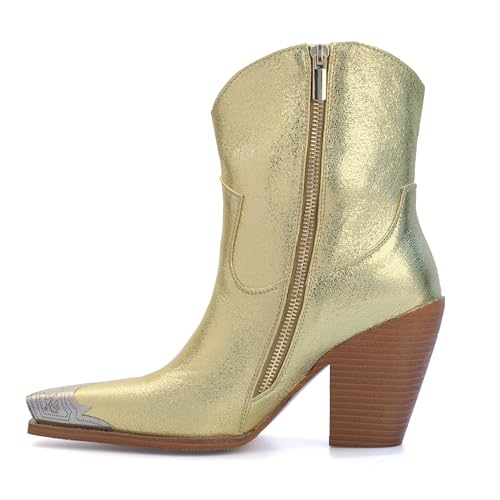 Image of Cowboy Ankle Boots for Women Engraved Steel Toe Cowgirl Boots Stacked Block Heels Short Cowboy Boot Fashion Dressy Western Country Booties