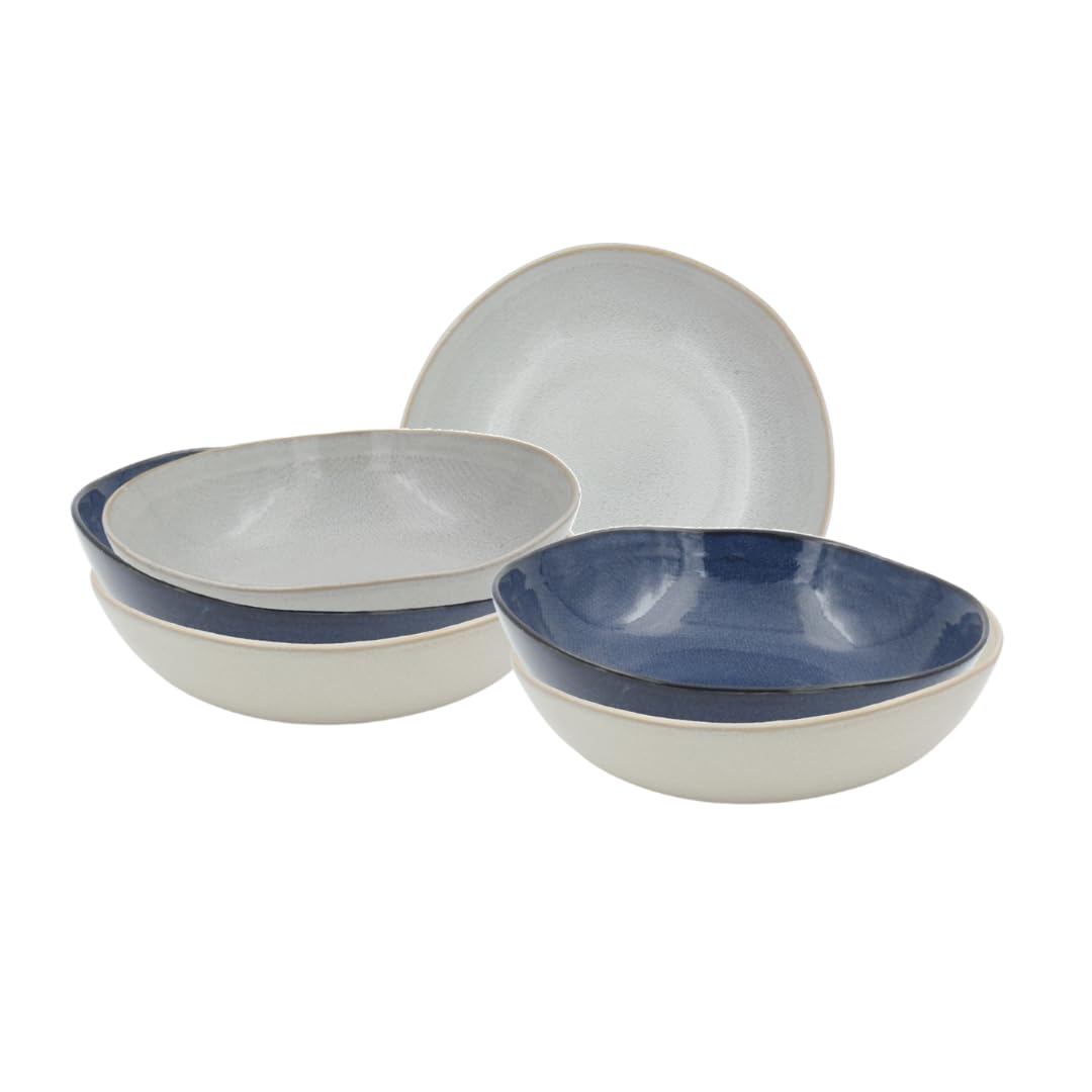 Artime Lot de 6 Assiettes Creuses en Céramique Ø20,5 cm, Bleu, Gris et Crème, Forme Ronde, Idéales pour Pâtes et Soupes