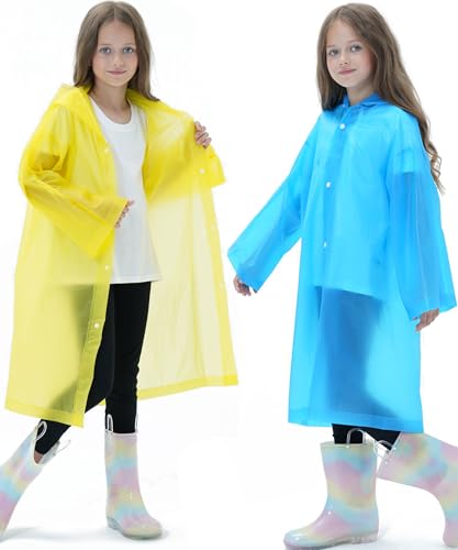 2 Pack Waterproof Raincoats for Kids Reusable,EVA Rain Ponchos Emergency Rain Jacket for Children, Boys and Girls