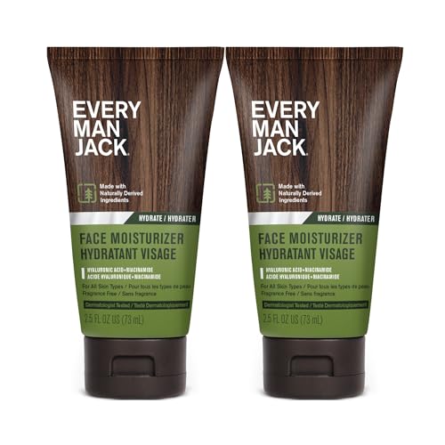 Every Man Jack Daily Hydration Face Lotion for Men – Deeply Moisturize and Revive Dry, Tired Skin with Hyaluronic Acid, Caffeine, and Green Tea – 73 mL Men’s Face Lotion – Twin Pack