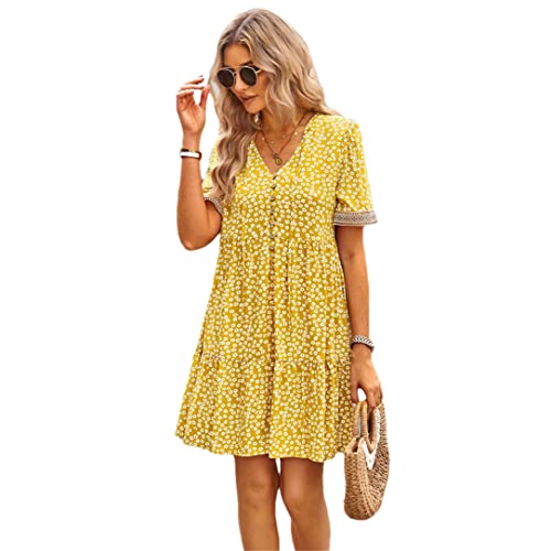 Robe d'été élégante jaune à manches courtes pour femme L
