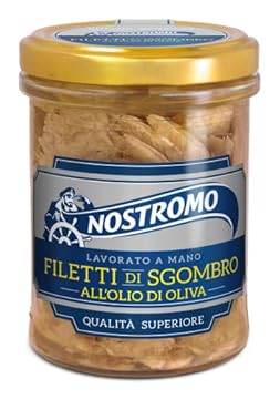 Nostromo Filetti di Sgombro all’Olio di Oliva 190g – Qualità Superiore, Ricchi di Omega 3, Senza Conservanti, Lavorati a Mano, Vasetto in Vetro