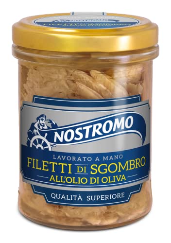 Nostromo Filetti di Sgombro all’Olio di Oliva 190g – Qualità Superiore, Ricchi di Omega 3, Senza Conservanti, Lavorati a Mano, Vasetto in Vetro