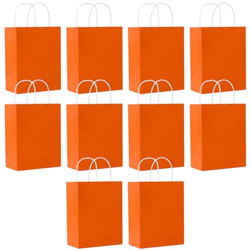 SHUBEIEUMI Paquete de 10 Bolsas de Regalo, Bolsas de Papel Kraft con Asas, 21 x 15 x 8 cm, Reutilizables Bolsas de Regalo para Embalaje Fiestas de Cumpleaños Bodas-Naranja