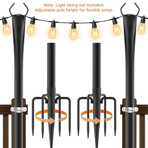 10FT String Light Poles, Heavy Duty Outdoor Light Pole Stand, 5-Prong Reinforced Steel Base, Anti-Rust, for Patio Garden Deck, Support Bistro & Edison Bulb Lights (2 Pack) - image 8