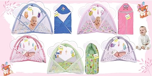 Image of Kwitchy Baby Bedding Set New Born Baby Bed | Mattress | Mosquito Net | Play Gym | Sleeping Bags | Playmats | Cotton | Infants | Gift Combo | Bed with Hanging Toys (0-6 Months) Pink