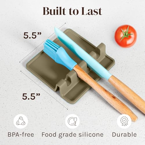 Image of Cooler Kitchen Stone Silicone Spoon Rest for Stove Top with Drip Pad (Two Pack) - Heat Resistant BPA Free Utensil Rest & Spoon Holder for Kitchen Counter - Grill Utensil Holder - Spatula Holder