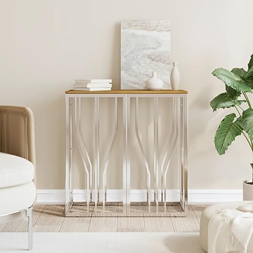 LAPOOH Mesa Consola Acero Inoxidable y Madera Maciza Acacia Plateada, Mesa Entrada, Mesa Recibidor Estrecha, Mesa De Centro Salon, Mesa Auxiliar, Mueble Entrada 350039