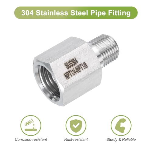 Image of uxcell 2 Pcs Stainless Steel Pipe Reducer Adapter 1 /8 inch NPT Male x 1 /4 inch NPT Female for Oil, Air, Gas, Hydraulic Systems