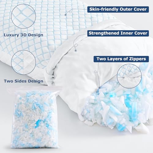 Image of mislili Cooling Pillows Queen Size Set of 2, Adjustable Firm Shredded Memory Foam Queen Pillow, Queen Size Pillows for Stomach Back Side Sleepers, Washable Cover, with Extra Fill