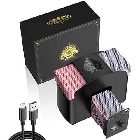 HJCMikee One Click Start Automatic Electric Card Shuffler for 1-4 Decks Playing Cards, Game Night or Casino Poker Machine for Blackjack UNO Skip Bo Canasta Phase 10,Battery&USB Power (Serene Black) Cover