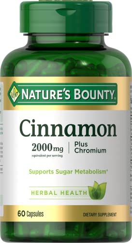 Nature's Bounty Cinnamon 2000mg Plus Chromium, Sugar Metabolism Support Supplement, 60 Capsules