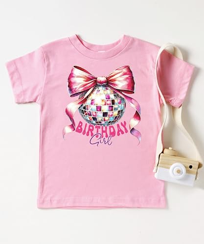 Birthday Girl Coquette Disco Ball Shirt for Girls Trendy Pink Bow Party Theme T-Shirt for Kids3