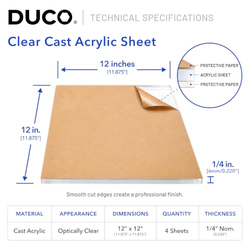 Image of Duco 1 /4 inch Clear Cast Acrylic Sheets, 12 inchx12 inch Plexiglass Sheets, 4 Pack