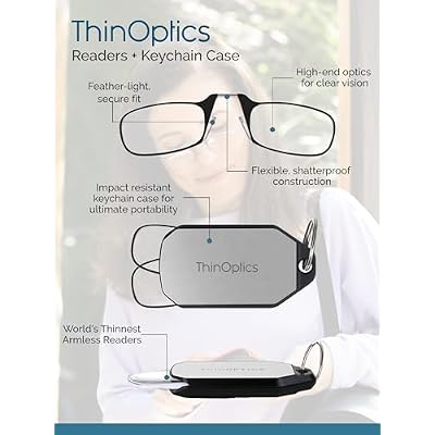ThinOptics Keychain Case and Readers Rectangular Reading Glasses, Black, 44 mm + 2.5