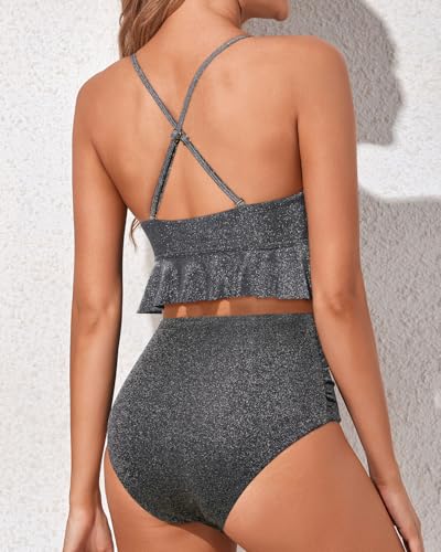 Image of Women Ruffle Bikini Set High Waisted Tummy Control Two Piece Swimsuits | Ruffle,High Waisted,Tummy Control,Removable Bra Pads,Adjustable Shoulder Straps,Full Coverage