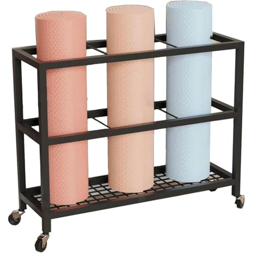 モバイルヨガ用具収納カート ホイール付き、スリムメタルワークアウトラック、フォームローラー&マットオーガナイザー ホームジム用、省スペースフィットネスアクセサリー、エクササイズ機器ホルダー