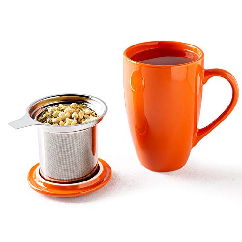 GBHOME Tea Mug with Infuser and Lid, 17 OZ Large Tea Strainer Cup with Tea Bag Holder for Loose Tea, Ceramic Tea Steeping Mug for Women/Men/Office/Home/Gift, Orange