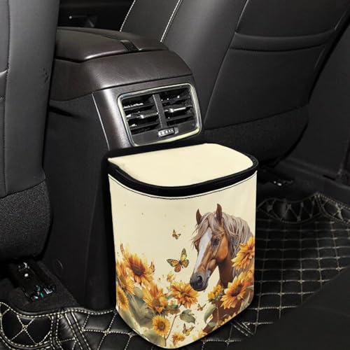 Image of Talayituse Horse Sunflower Butterfly Print Car Trash Can with Lid, Leak Proof Auto Trash Bag Hanging Vehicle Garbage Can Multipurpose Storage Container for Back Seat Road Trip