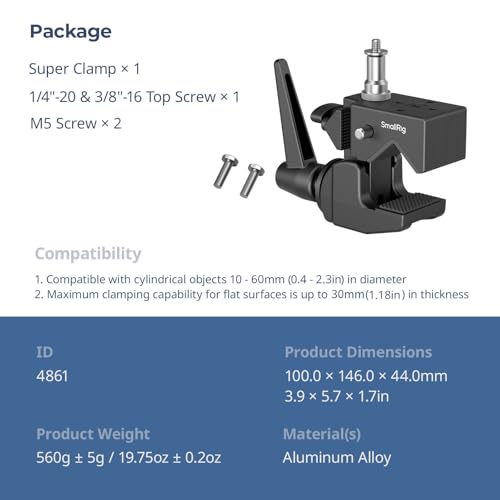 Image of SMALLRIG Super Clamp Kit, Heavy Duty Max Load 33lb /15kg, with a 1 /4 inch-20 & a 3 /8 inch-16 Top Screw on a 5 /8 inch Stud, for Photography Studio Video Camera Lighting, for Round Pipe and Flat Surface (Pack of 4)