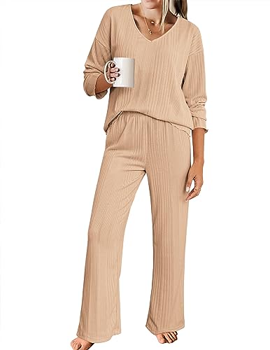 Ekouaer Womens Ribbed Knit Pajamas Set V Neck Long Sleeve Pj Set 2 Piece Loungewear Casual Sleepwear